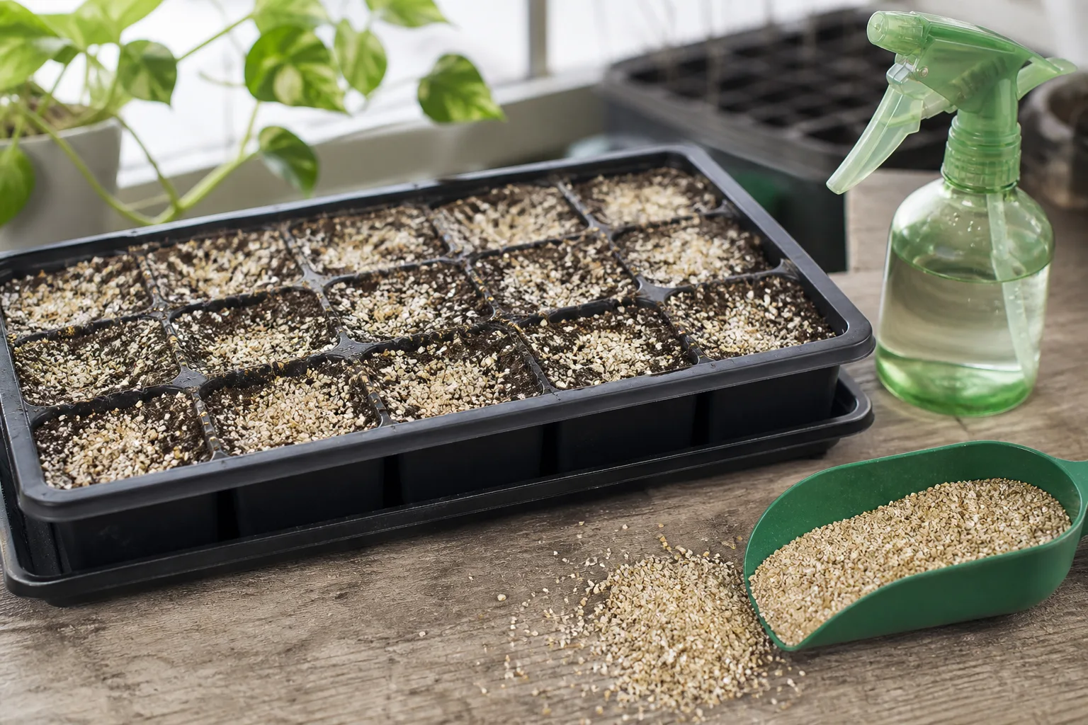 A shallow seed-starting tray with fine medium and a spray bottle on a potting bench