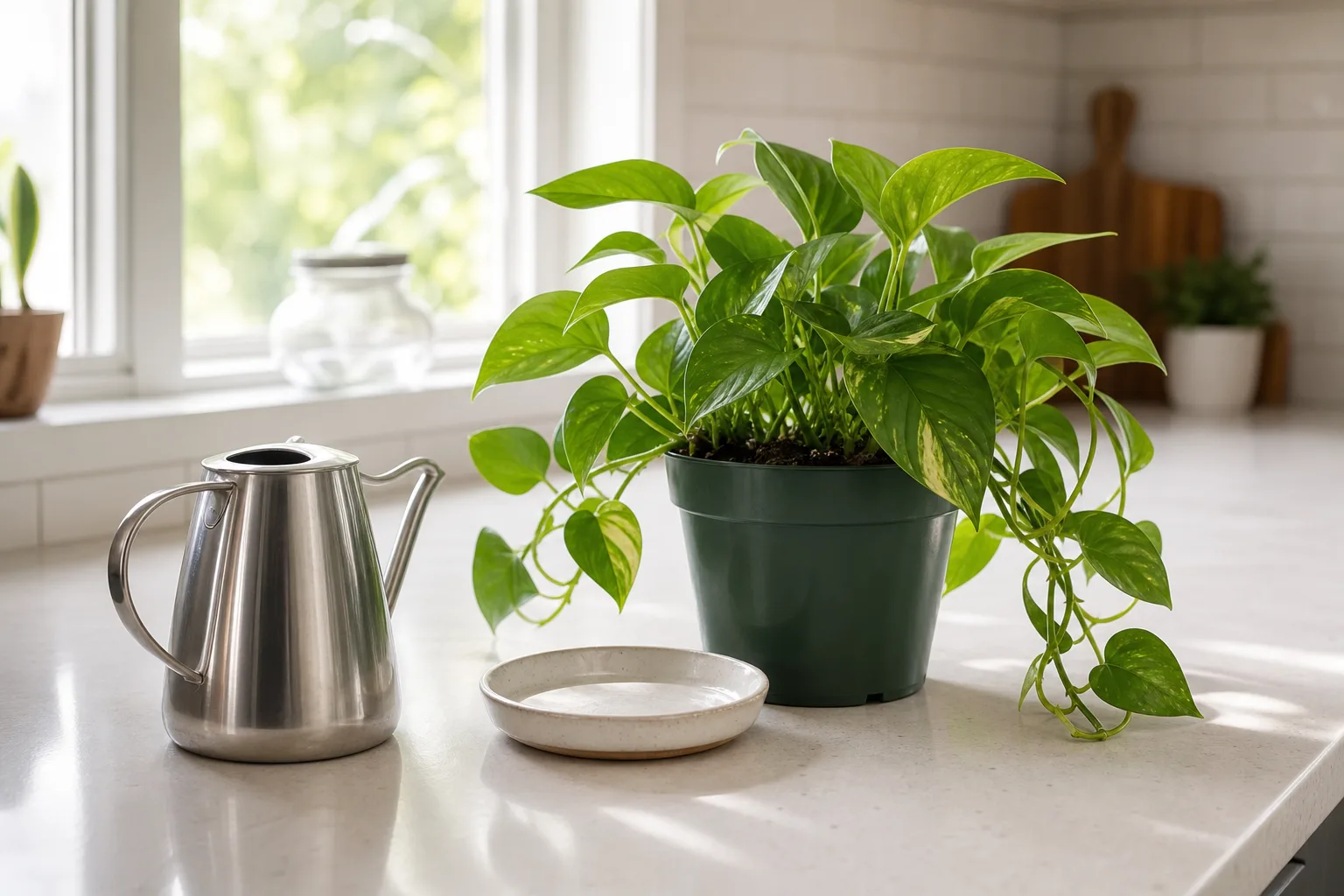 Hands checking indoor plant soil moisture with finger test beside watering can at sink