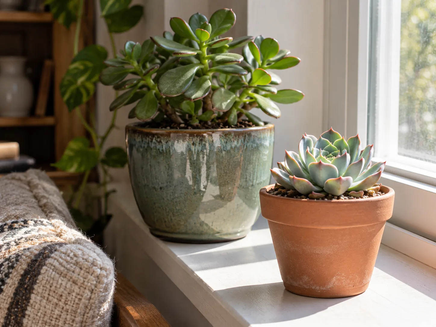 A small terracotta succulent near bright window light beside a larger succulent in a deeper glazed pot