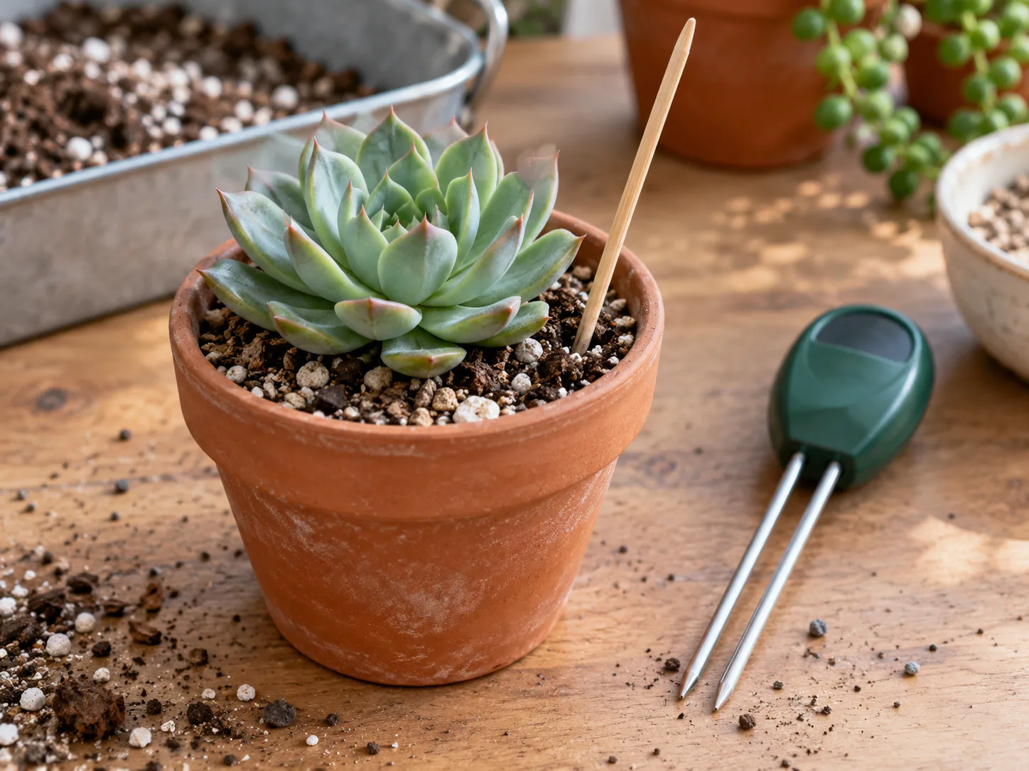 A wooden skewer and moisture probe checking the soil beside a potted succulent