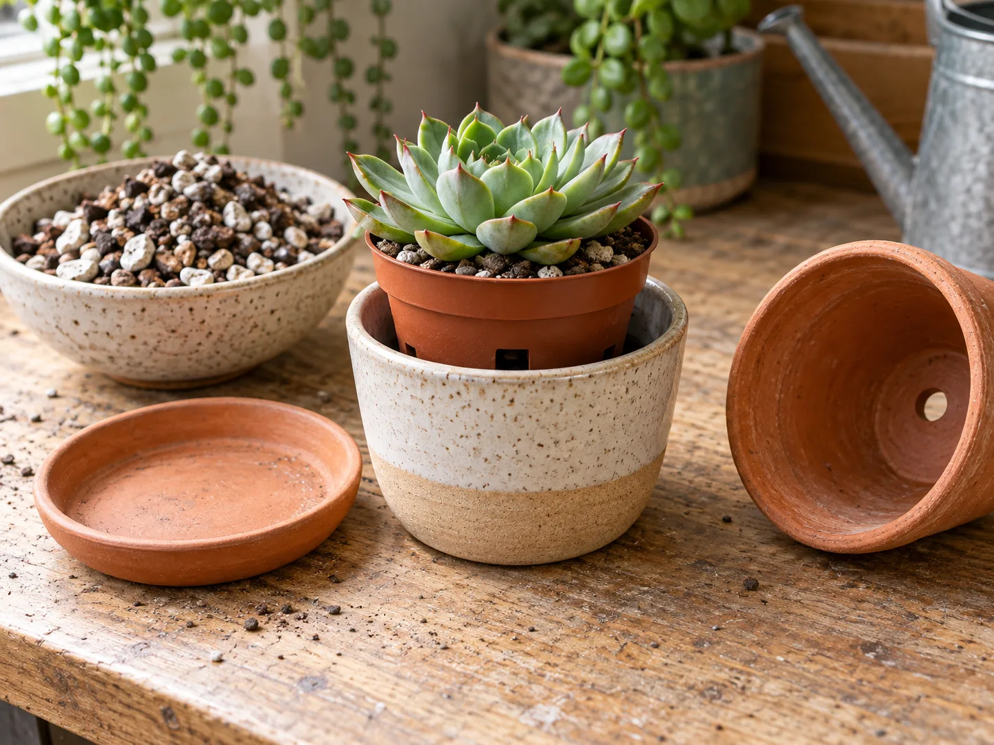 A succulent in a removable nursery pot with drainage holes beside an empty saucer and gritty mix