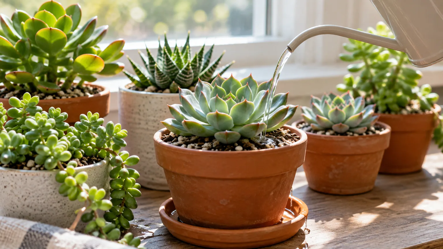 A narrow-spout watering can watering the soil of a potted succulent beside a bright window