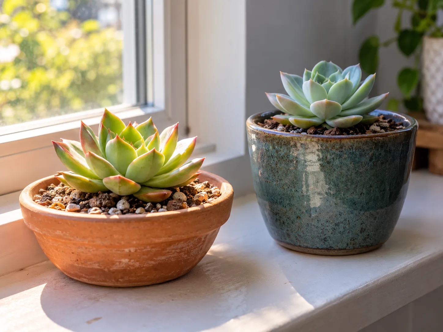 Two succulents in different pot sizes and materials placed in different window light