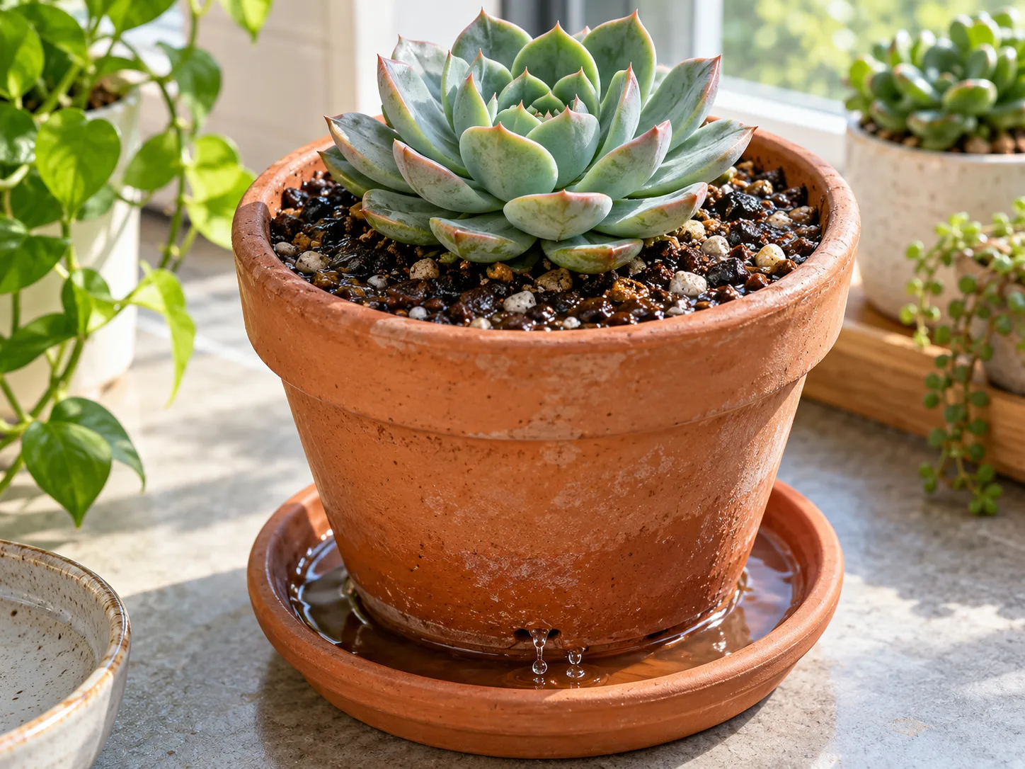A potted echeveria receiving a thorough soak as water drains from its terracotta pot into a saucer