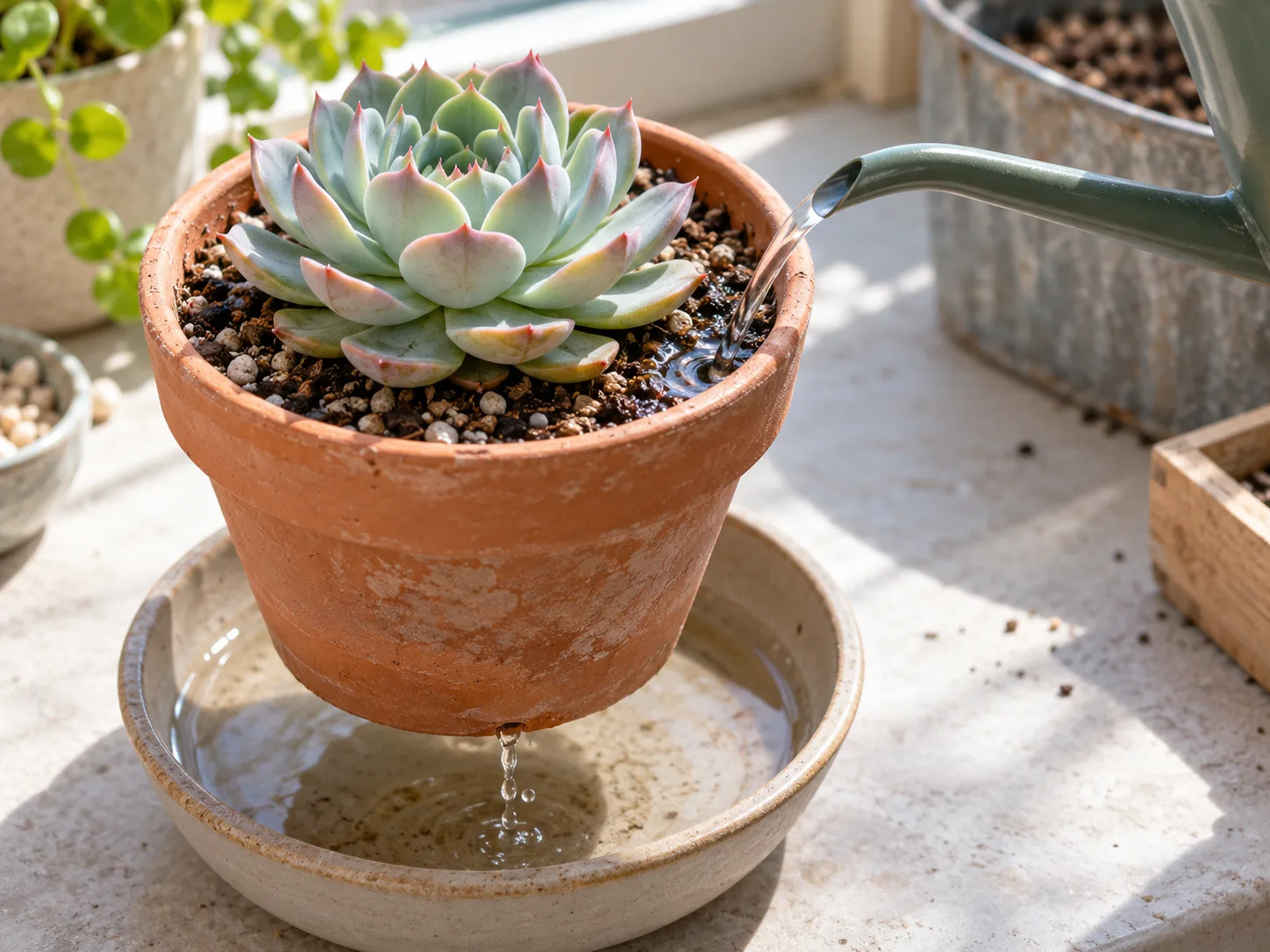 A narrow-spout watering can directing water onto the soil of a potted succulent as excess drains below