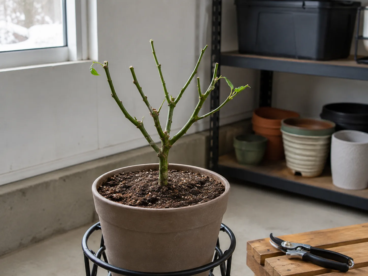 Pepper plant pruned to a compact framework for cool-season dormancy