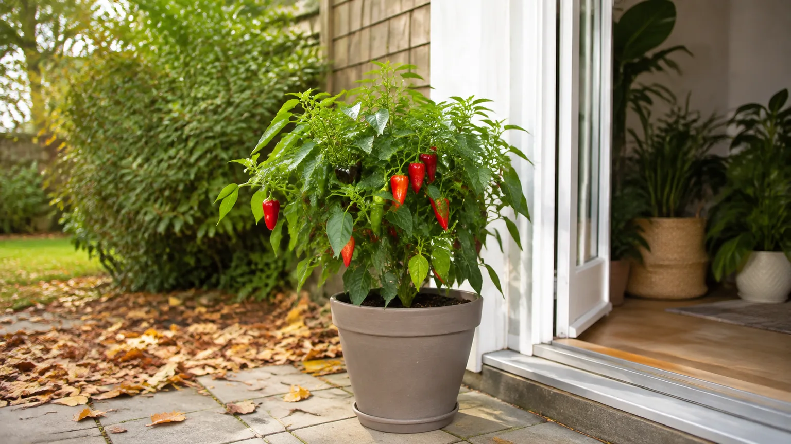 Healthy potted pepper plant ready to be moved indoors before winter