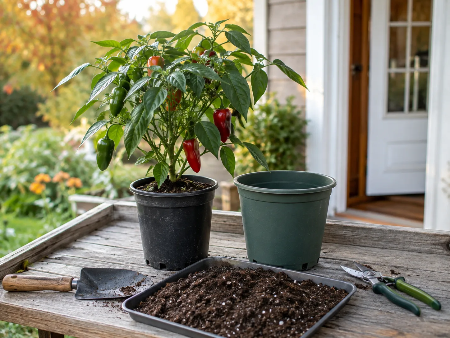 Healthy potted pepper on a clean potting bench before winterizing