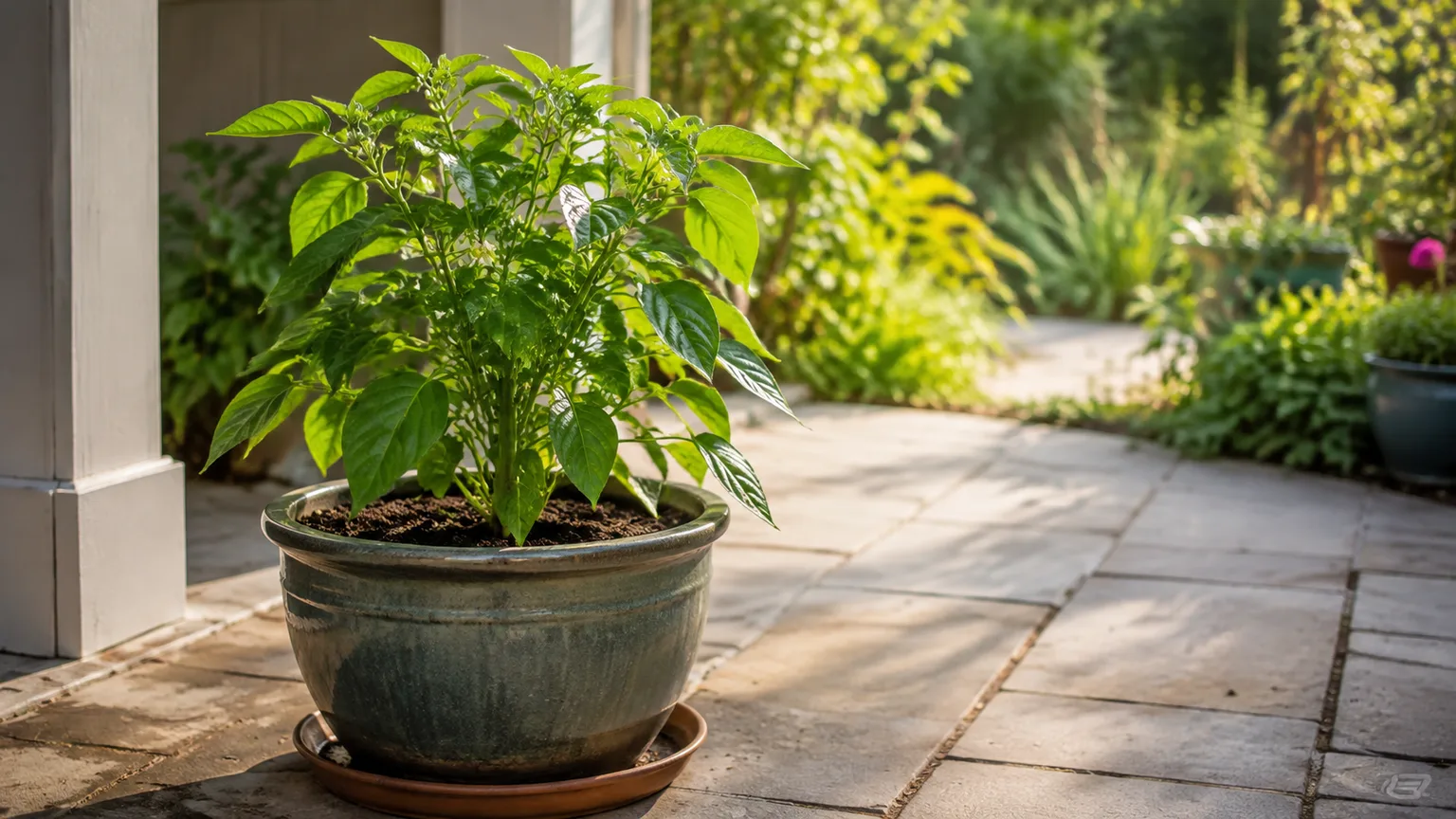 Potted pepper plant acclimating outdoors in gentle spring light