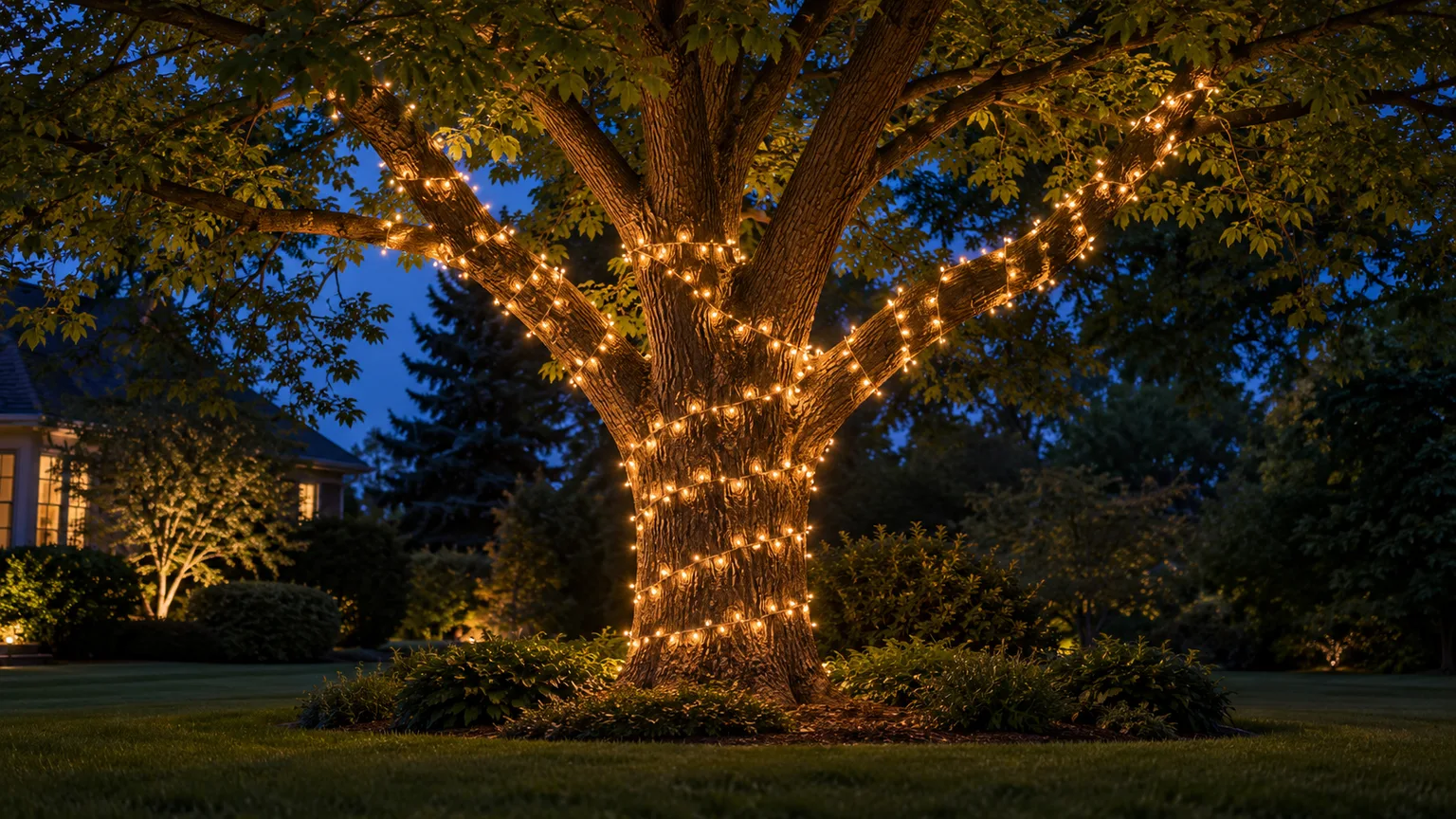 A mature outdoor tree with warm white lights spiraling up its trunk and lower branches