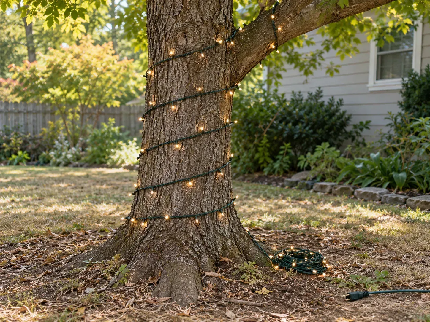 A loose, evenly spaced spiral of outdoor lights on a tree trunk, with bark visible between wraps