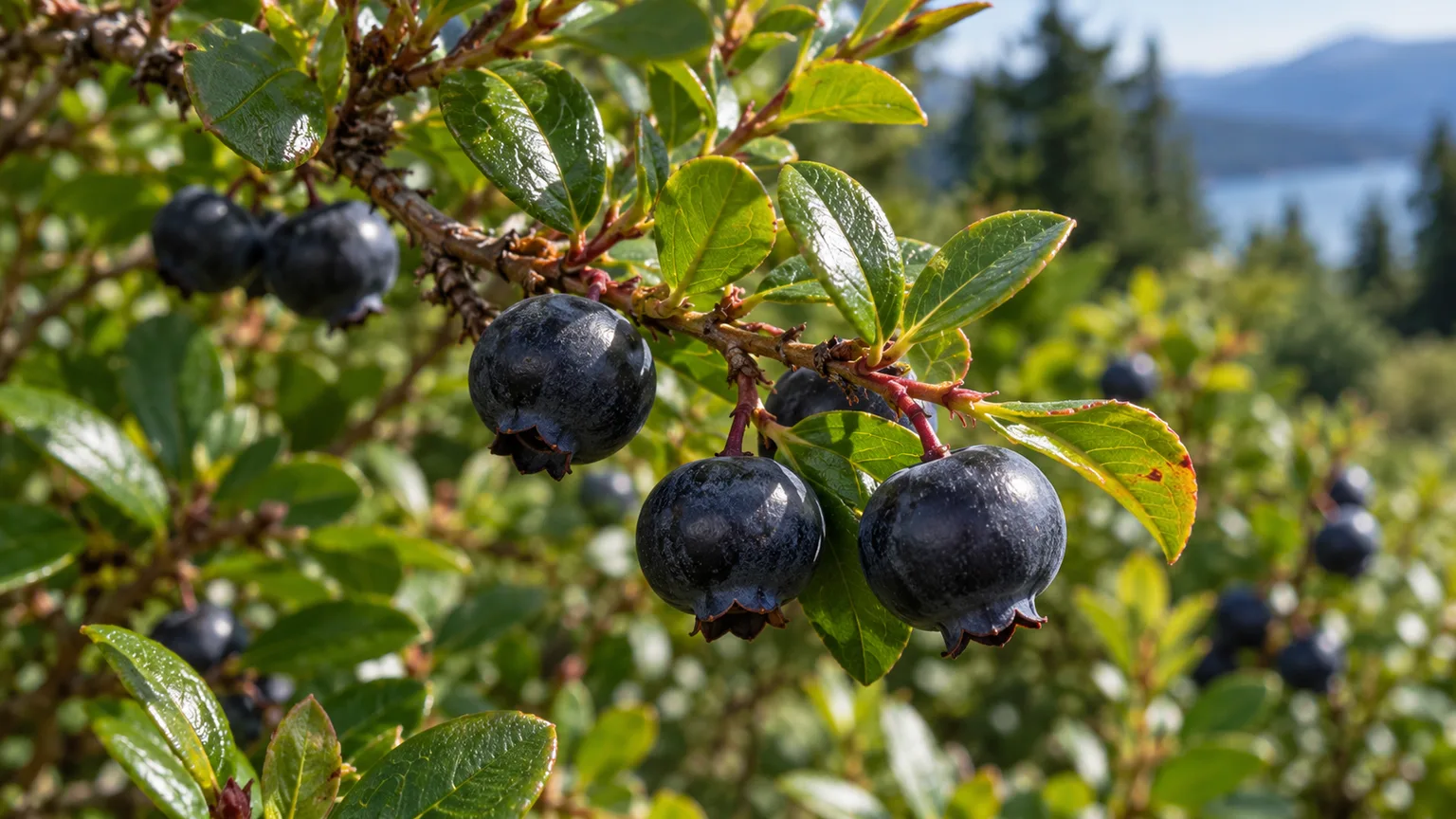 Blue-black huckleberries ripening among the small glossy leaves of an evergreen huckleberry shrub