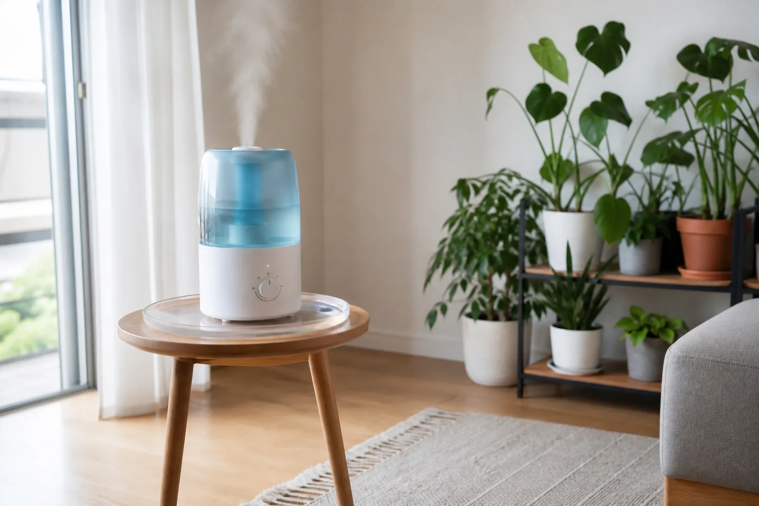 Cool-mist humidifier elevated on a waterproof tray with open clearance from walls and plant shelf