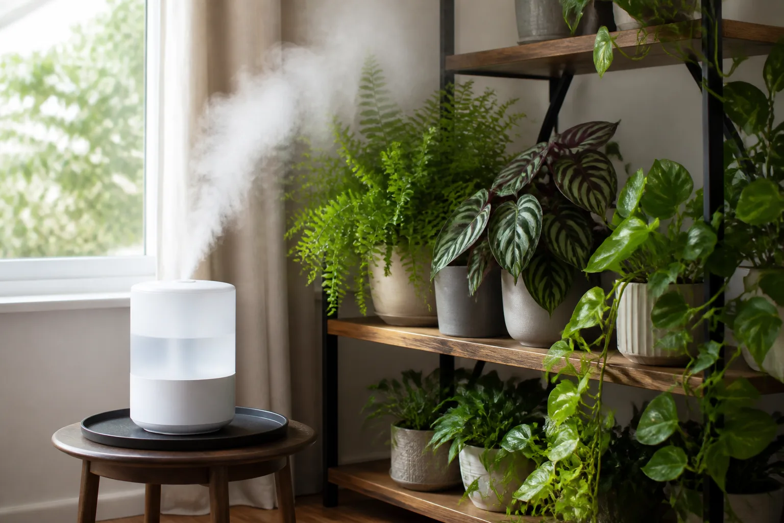 Cool-mist humidifier on a side table with safe clearance from a tropical houseplant shelf