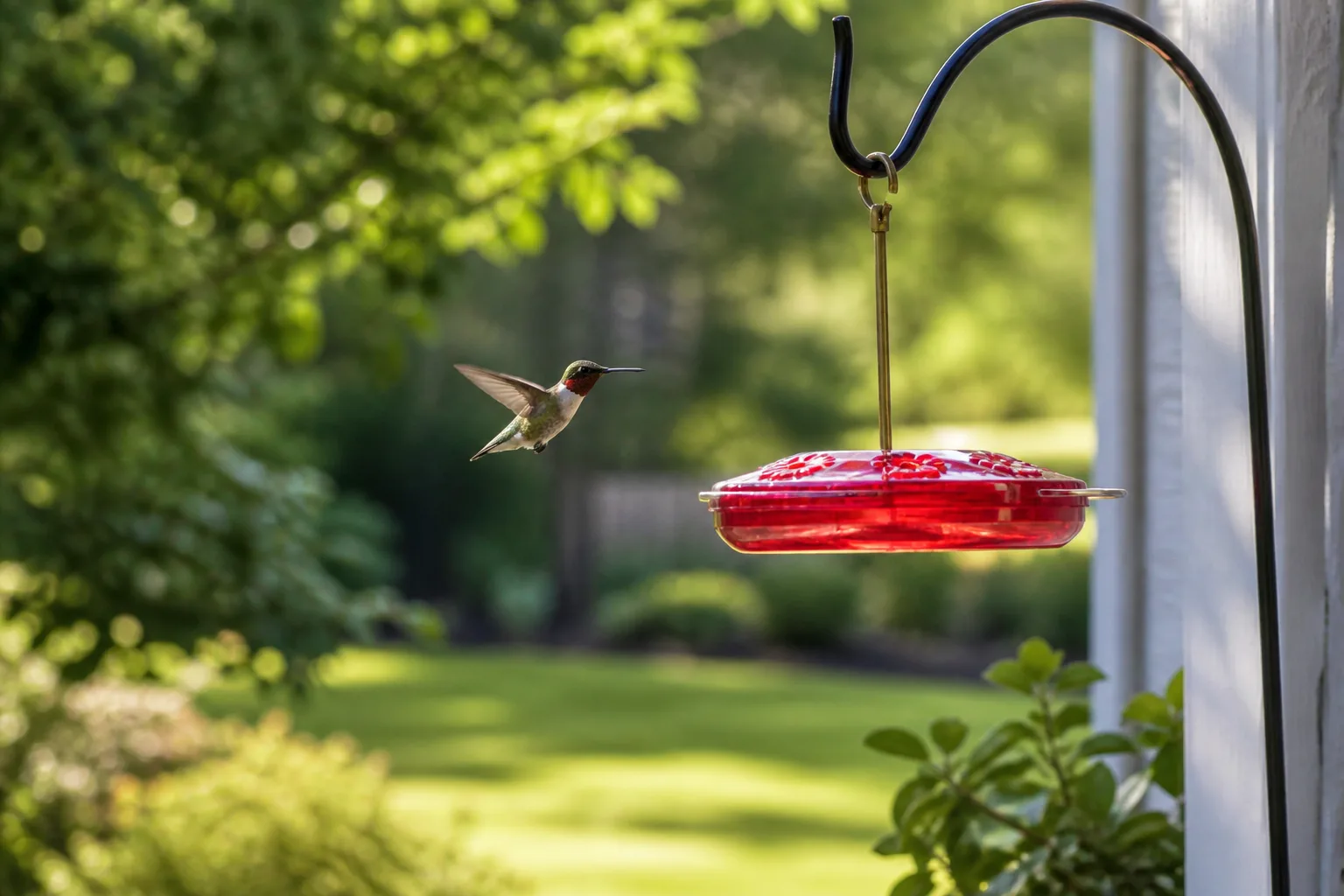 Ruby-throated hummingbird hovering at a red saucer feeder in a leafy backyard garden
