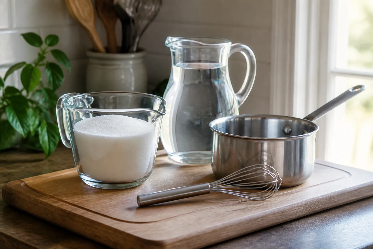 White granulated sugar, water, saucepan, and whisk ready on a kitchen counter for mixing hummingbird nectar
