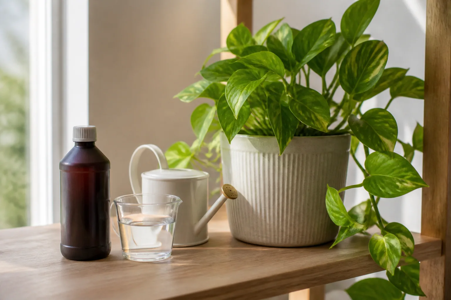 Brown bottle of 3% hydrogen peroxide beside a measuring cup and watering can near a potted pothos on an indoor shelf