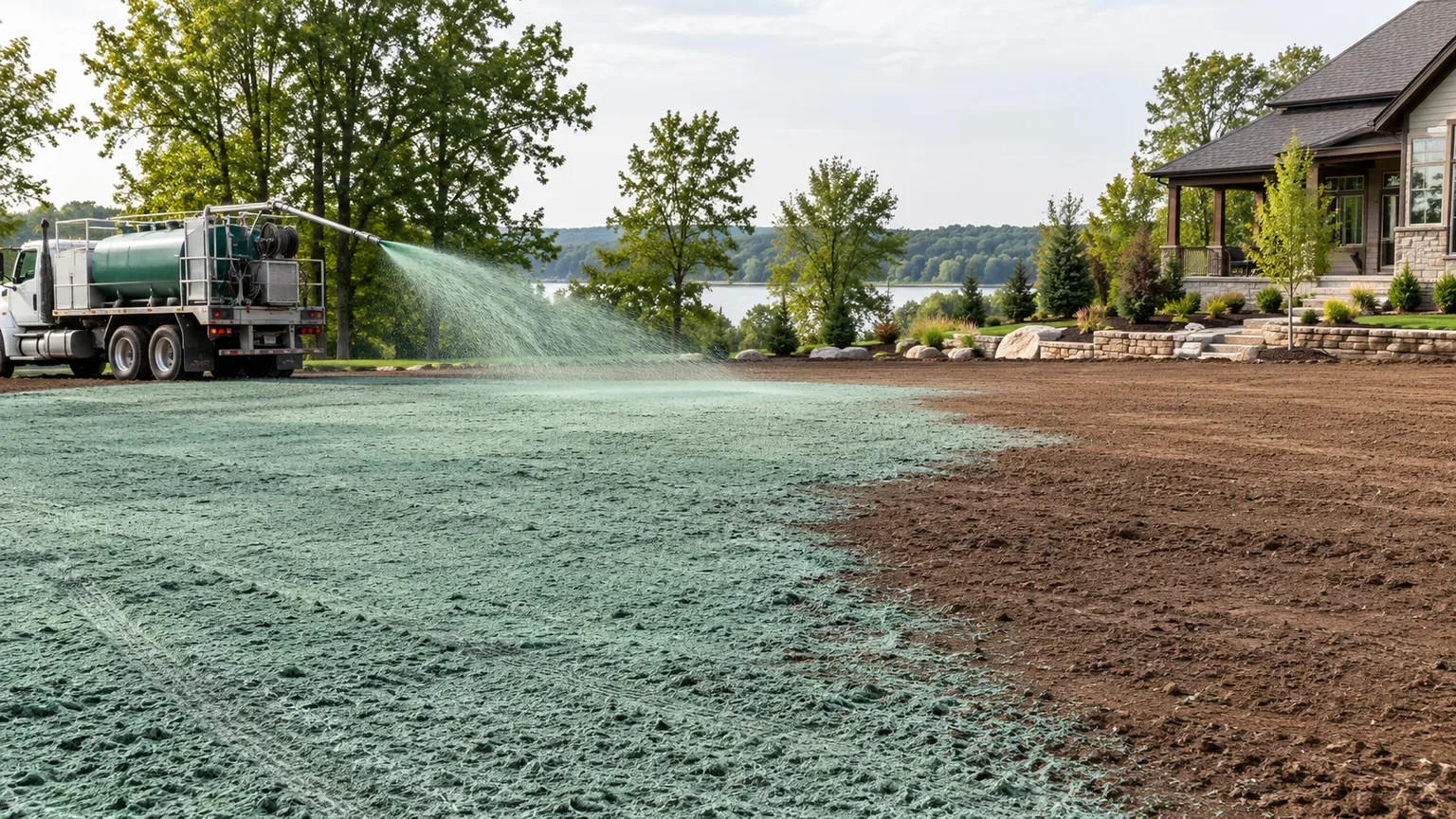 Hydroseeder truck spraying seed mulch over prepared lawn soil