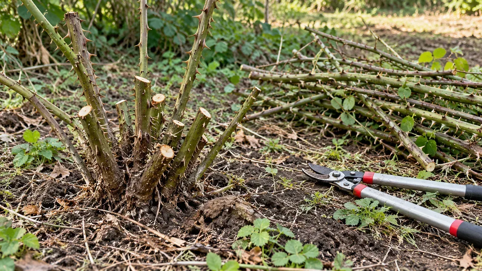 Freshly cut multiflora rose canes and contained thorny brush at the root crown