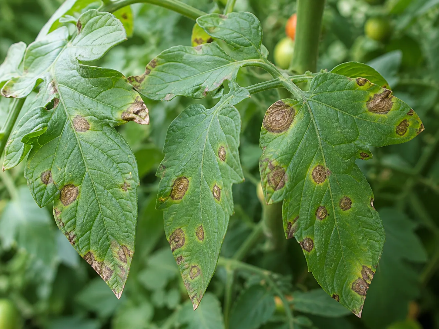 Close comparison of herb leaf spot symptoms showing dark lesions and yellow halos on green foliage
