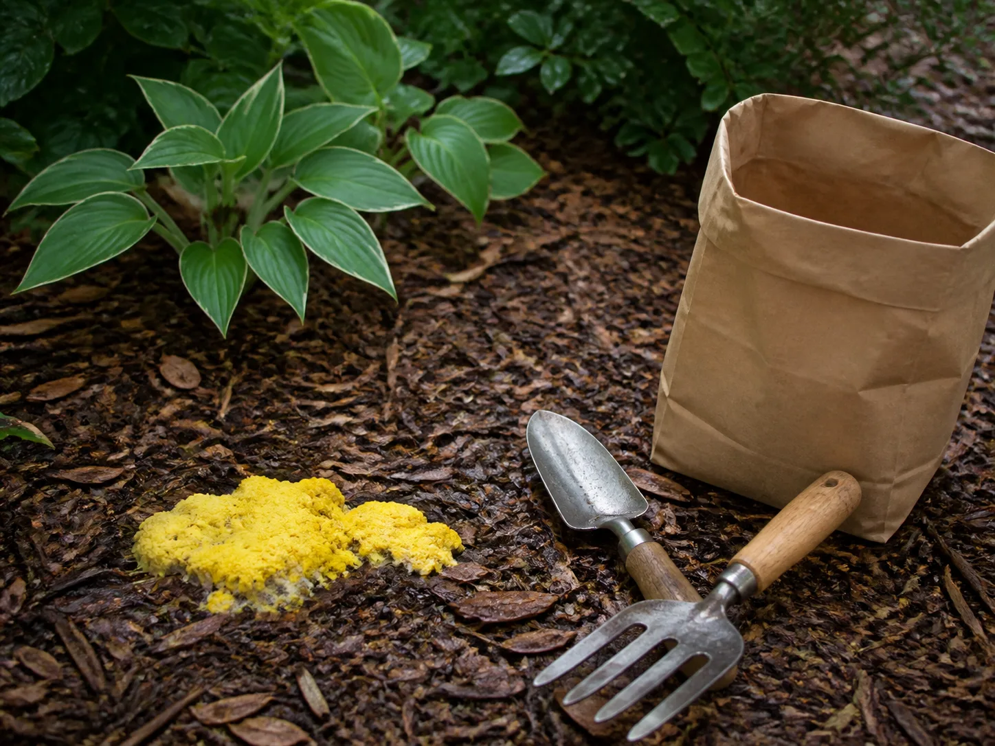 A hand-free garden cleanup setup with a small shovel and fork beside a contained patch of yellow slime mold on mulch