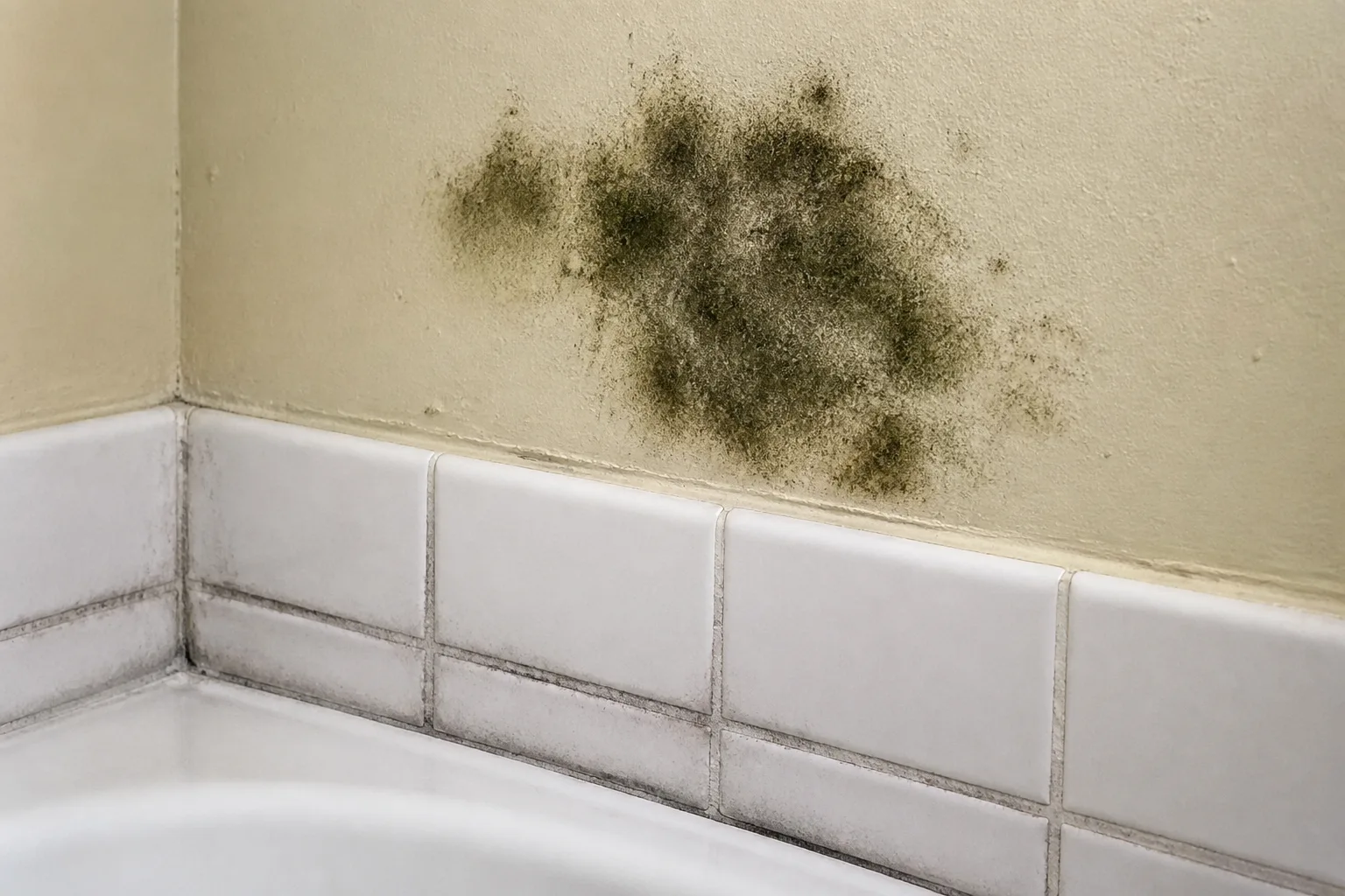 Flat gray powdery mildew on shower grout below dark fuzzy mold patch on bathroom drywall above tile