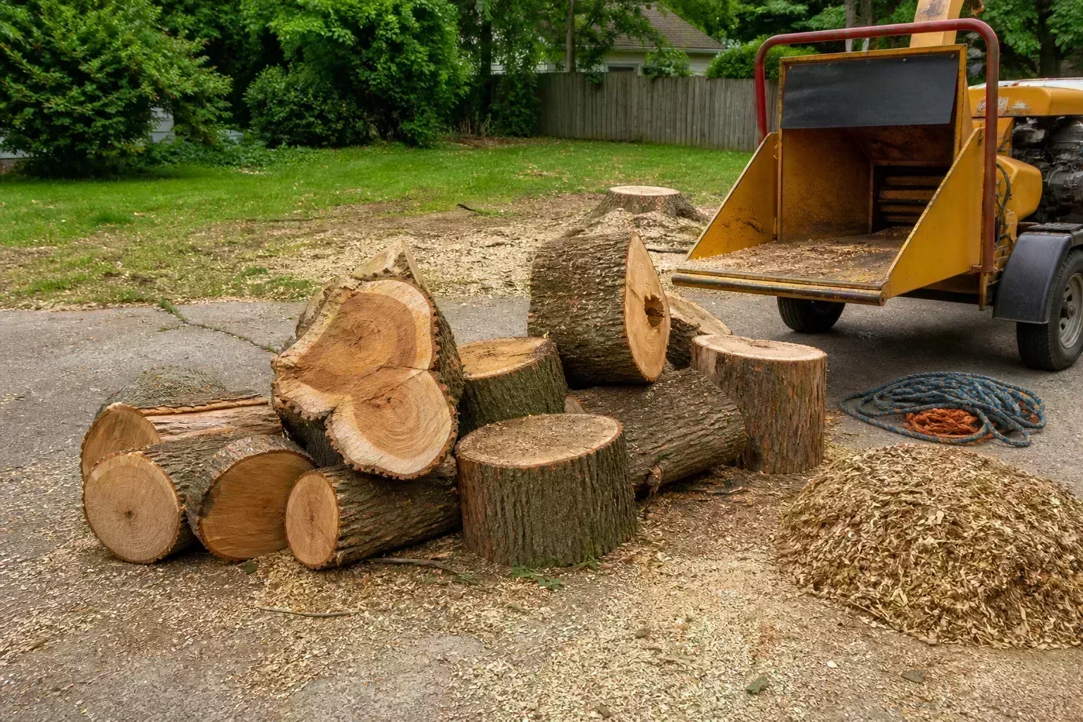 Cut log sections and wood chips stacked on a suburban driveway after professional tree removal