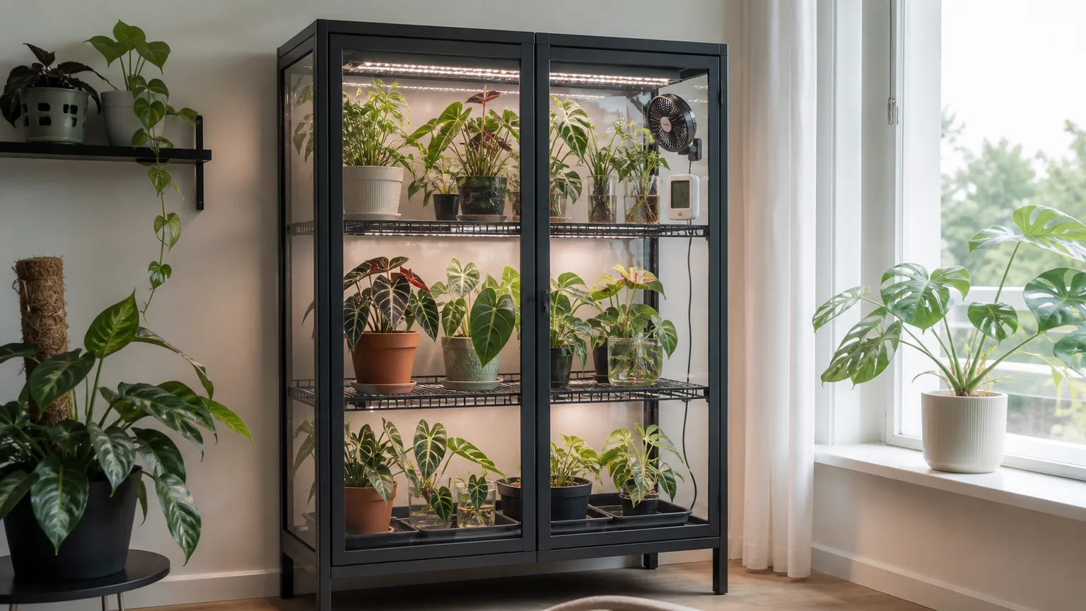 Dark glass-door IKEA-style cabinet greenhouse with grow lights, tropical plants, fan, and hygrometer