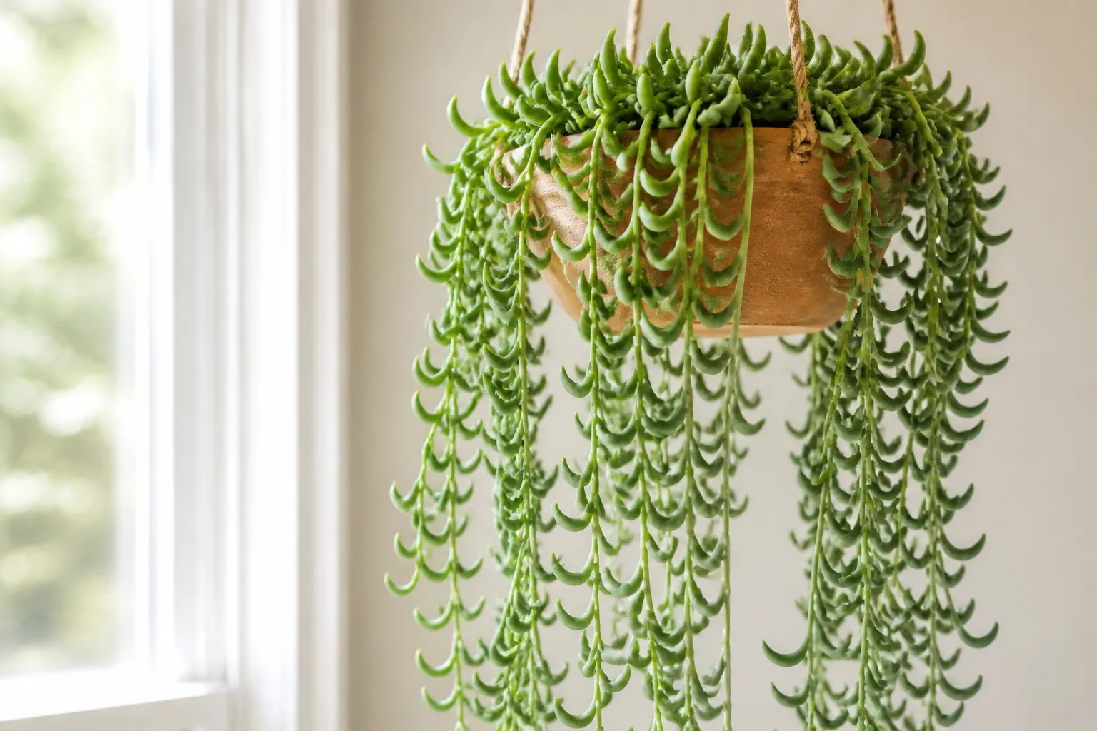 Trailing string of bananas succulent with banana-shaped leaves cascading from a hanging pot