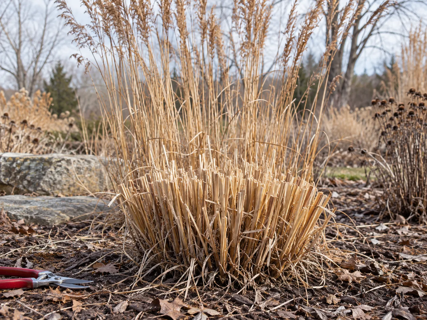 Dormant Indiangrass cut back in late winter before new shoots emerge