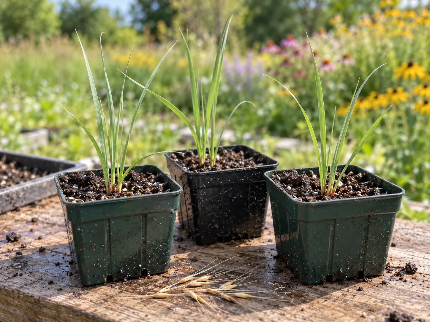 Young Indiangrass seedlings growing in nursery pots on a sunny potting bench