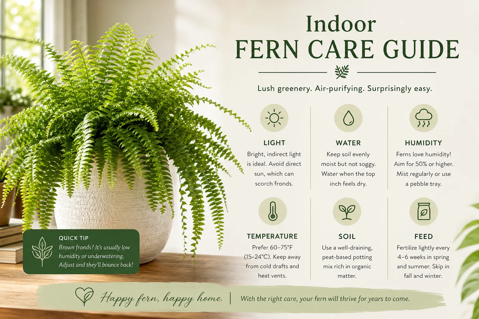 Boston fern in bright indirect light near an east-facing window