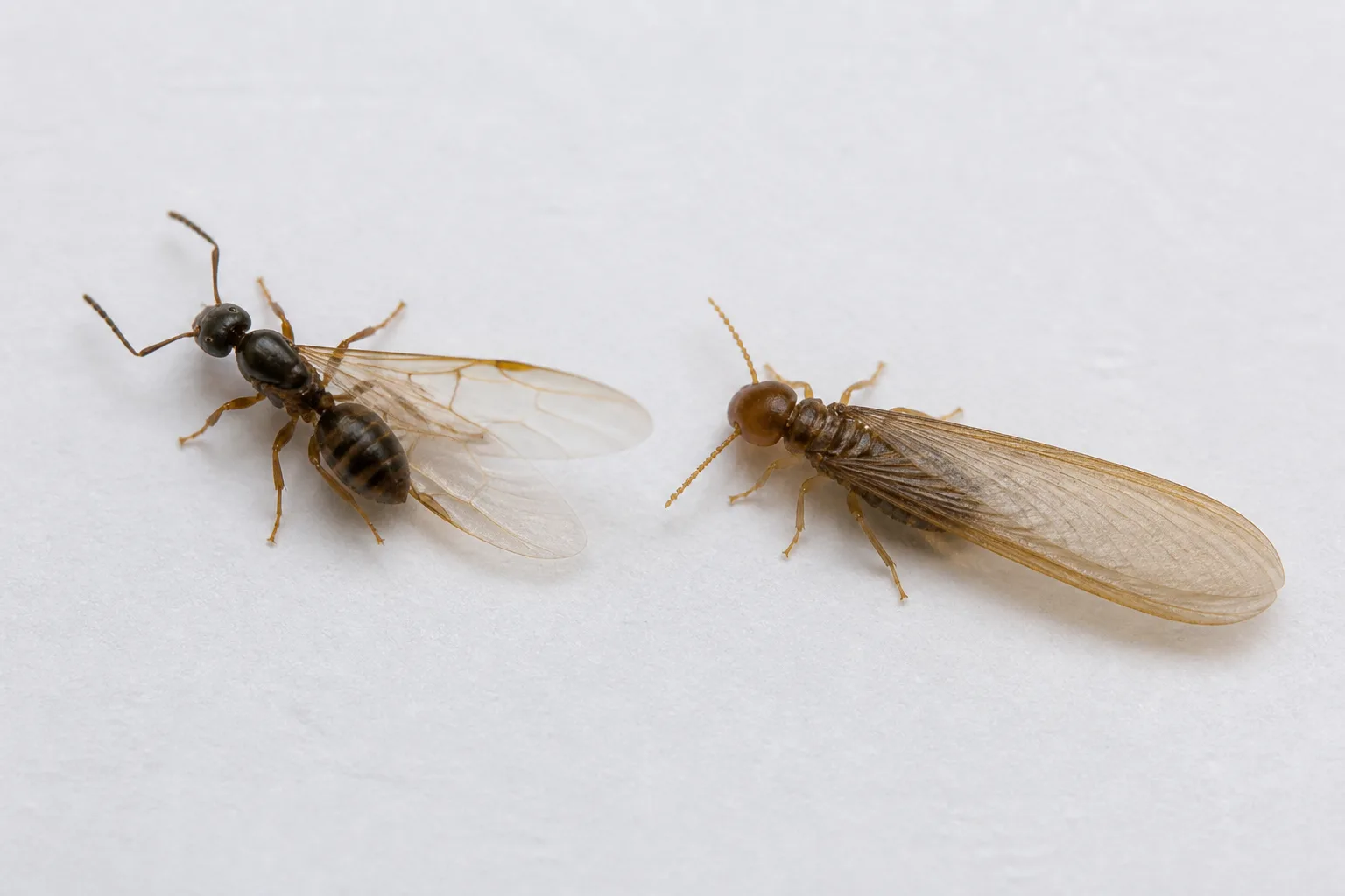 Winged ant and termite on white paper showing narrow waist versus broad waist and unequal versus equal wing lengths