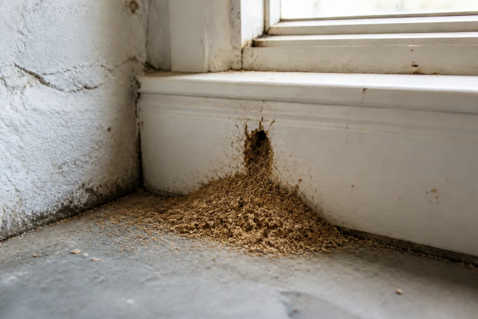 Fibrous carpenter ant frass and excavated wood shavings below a kick-out hole in an interior baseboard