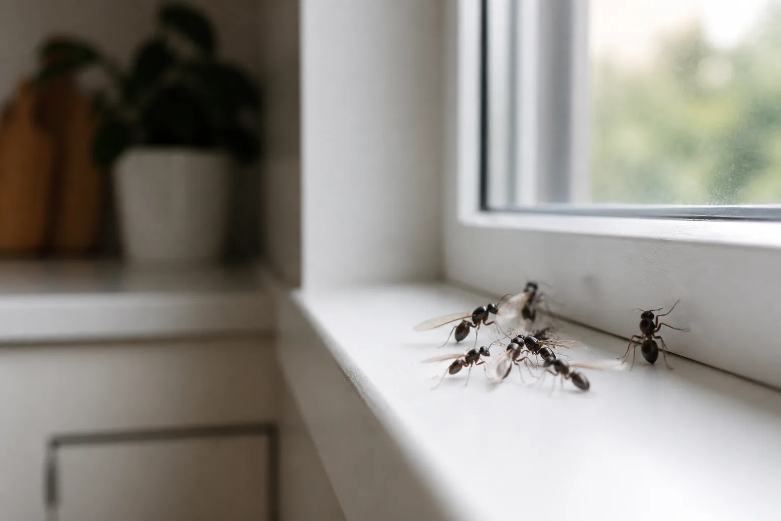 Winged ants clustered on a bright interior windowsill during a home swarm