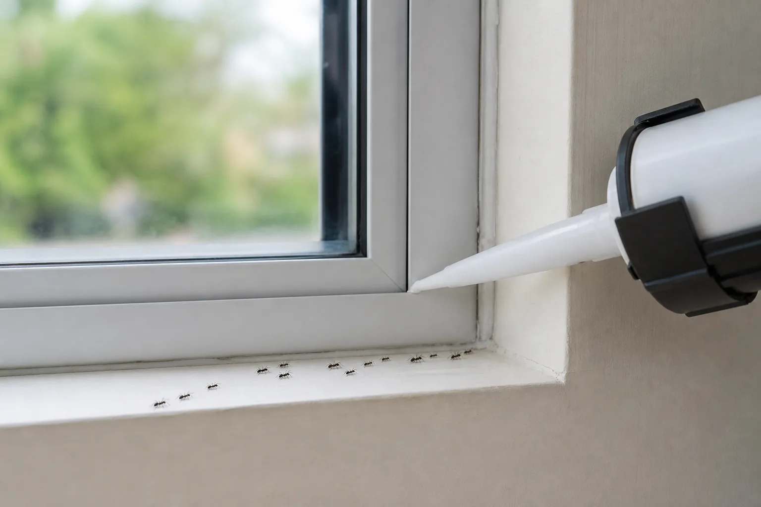 Fresh silicone sealant applied along a window frame gap to block ant entry points