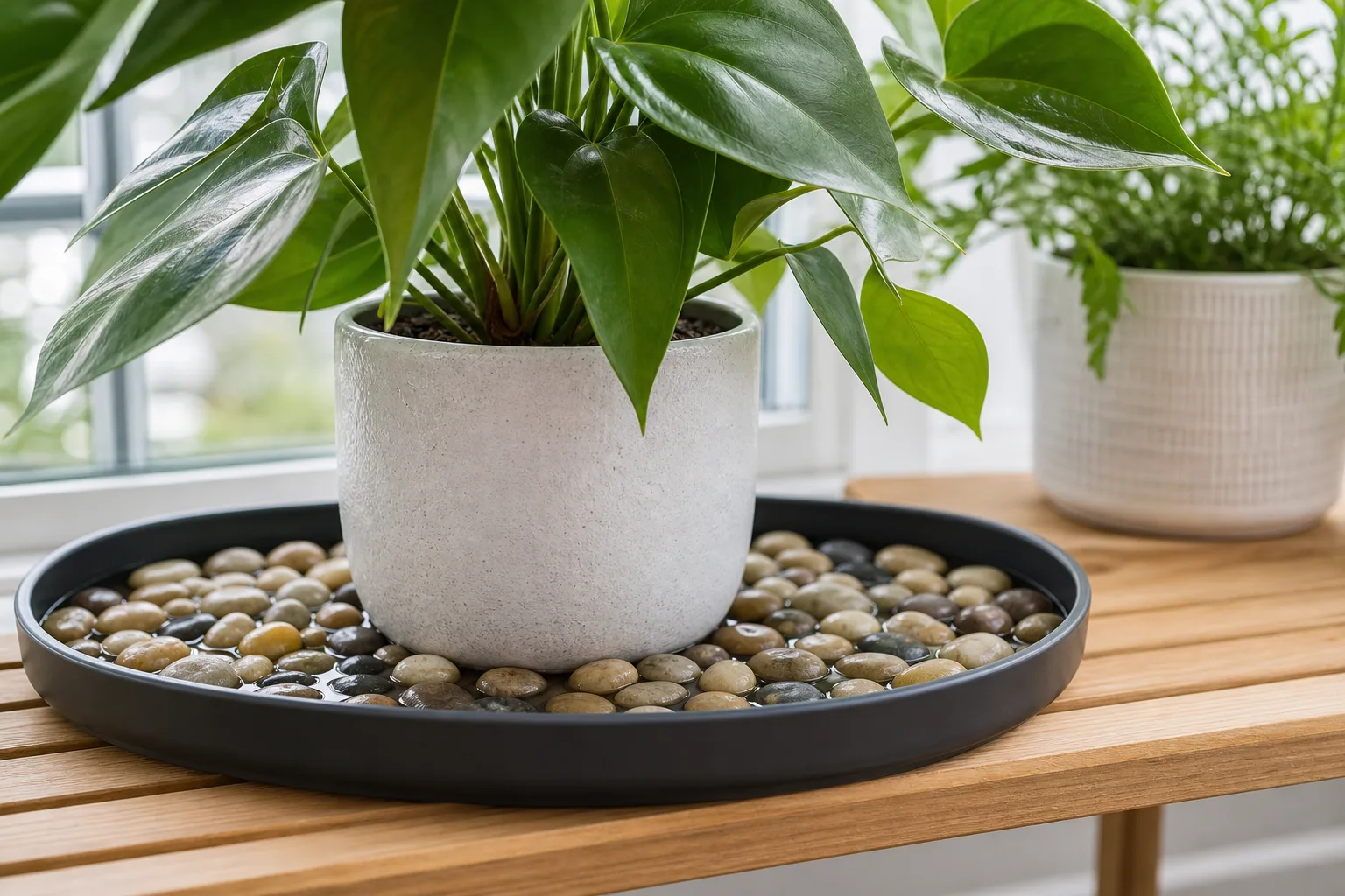 Digital hygrometer beside a compact tropical plant on a wide pebble tray