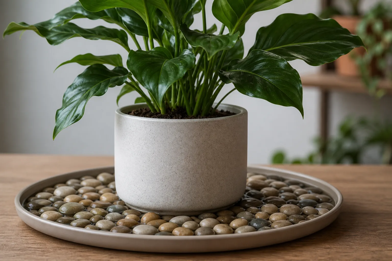 Potted fittonia resting on pea gravel in a shallow tray with water visible between stones, pot base above the waterline