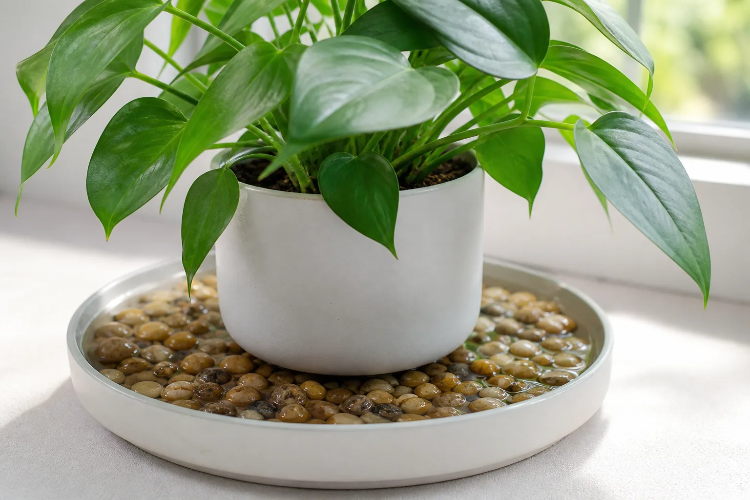 Digital hygrometer beside a compact tropical plant on a wide pebble tray in a heated living room