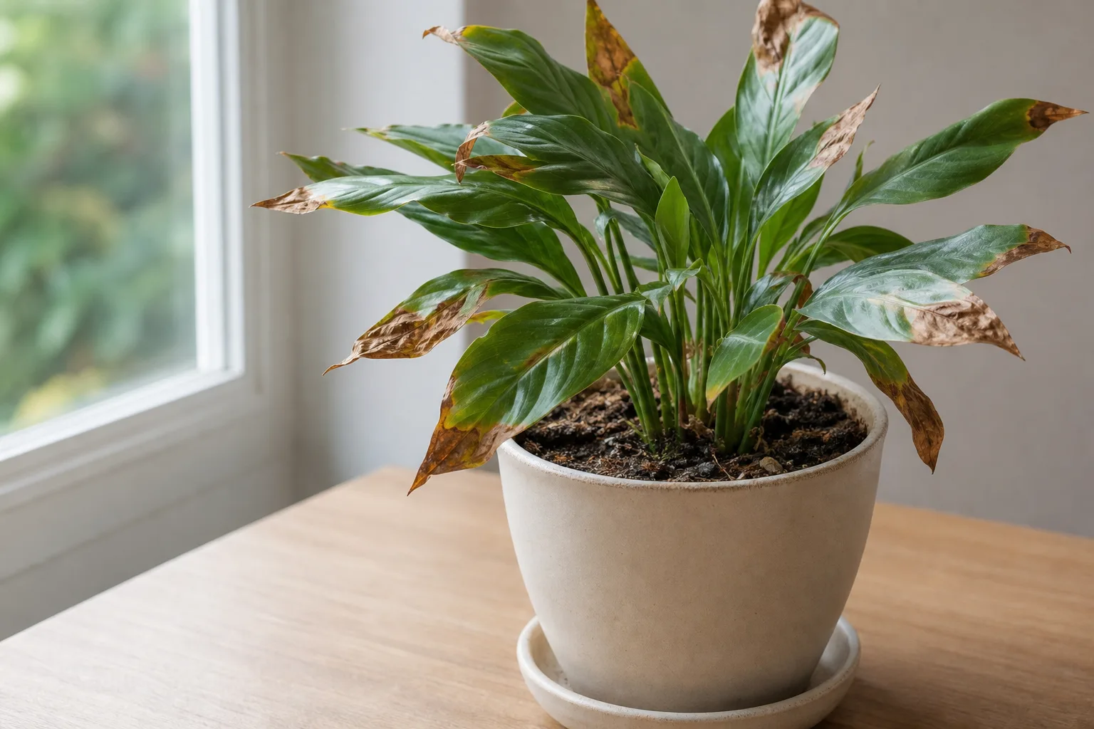 Crisp brown leaf tips on a houseplant with dry soil from watering stress