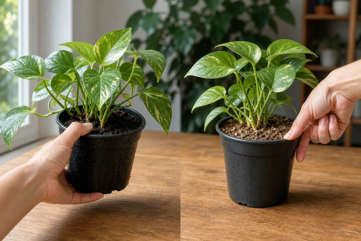 Checking the weight of an indoor plant pot to compare wet and dry soil before watering