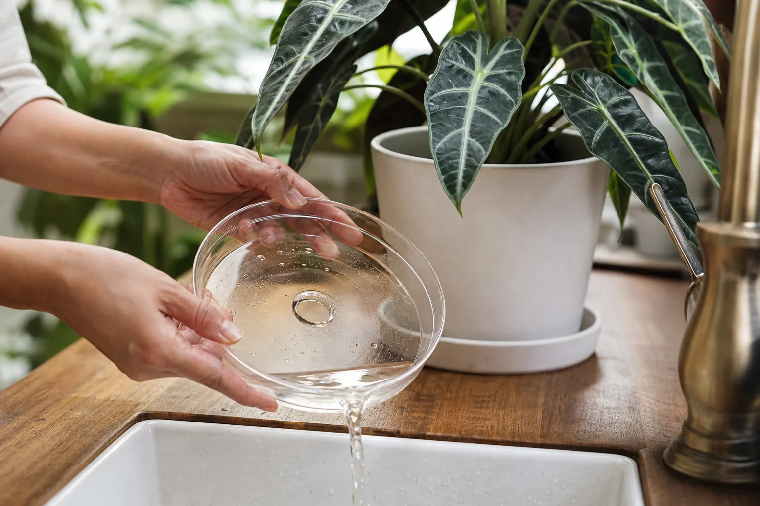 Emptying a houseplant drainage saucer after top watering to prevent root rot