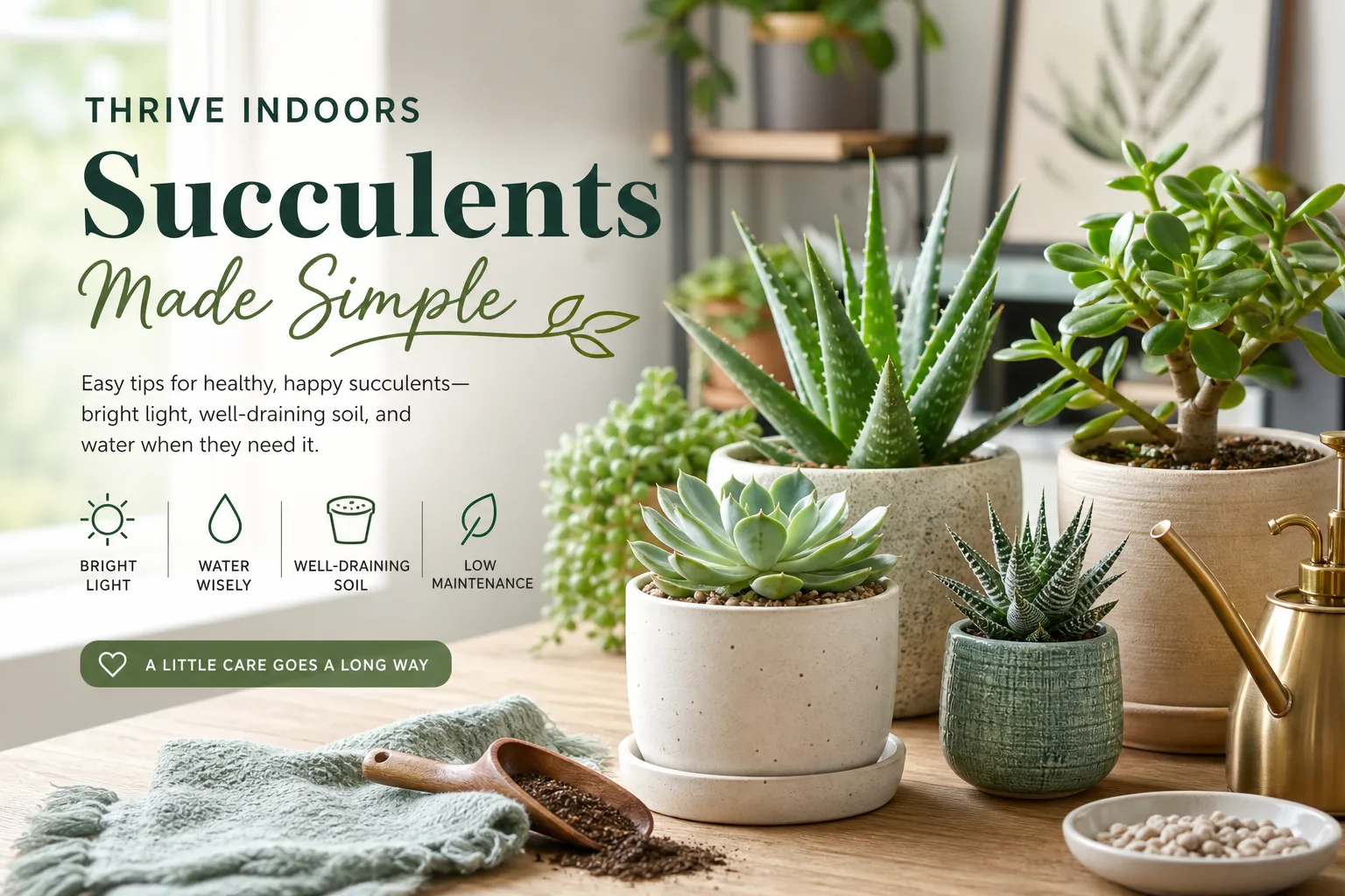 Compact indoor succulents on a bright windowsill with terracotta pots and gritty soil