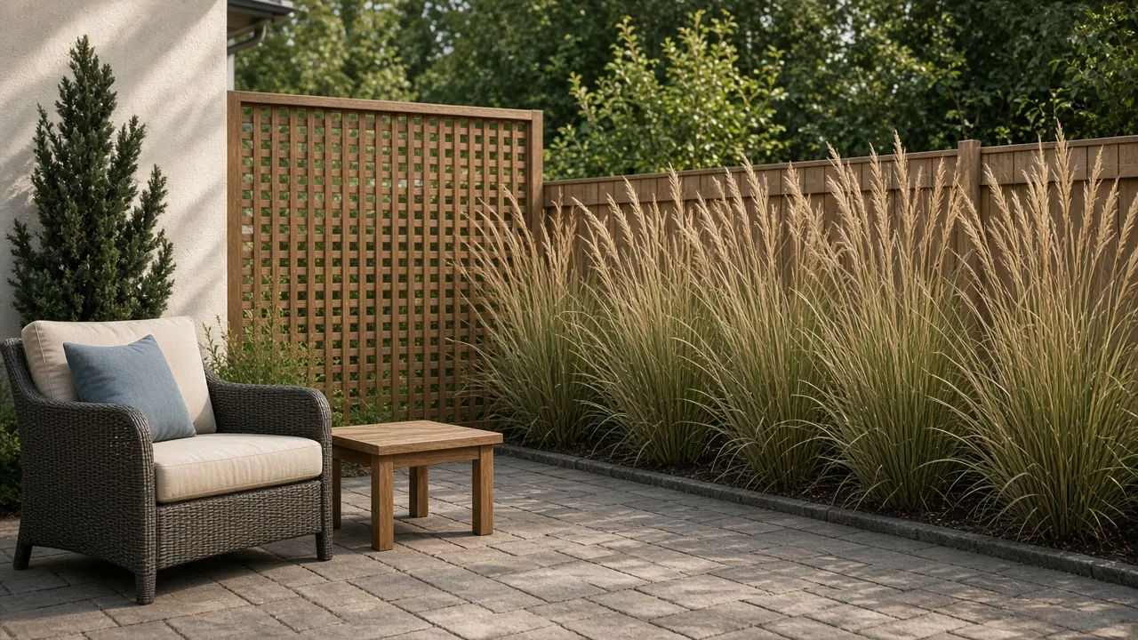Layered backyard seating area with a decorative privacy screen
