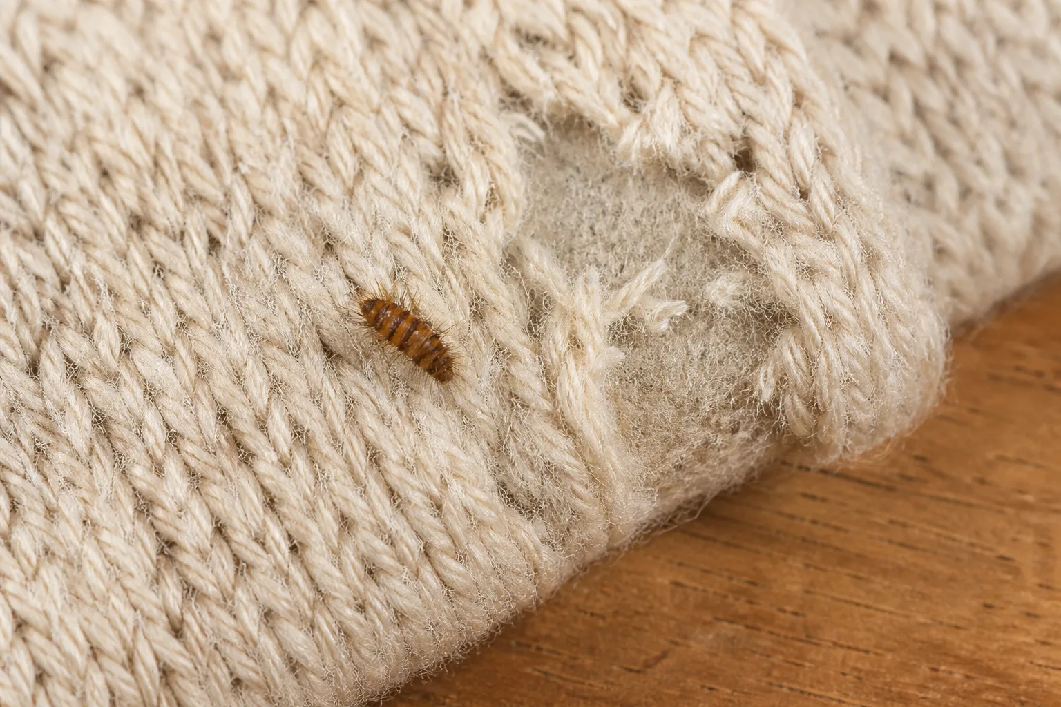 Hairy carpet beetle larva on wool fabric with grazed bare patches