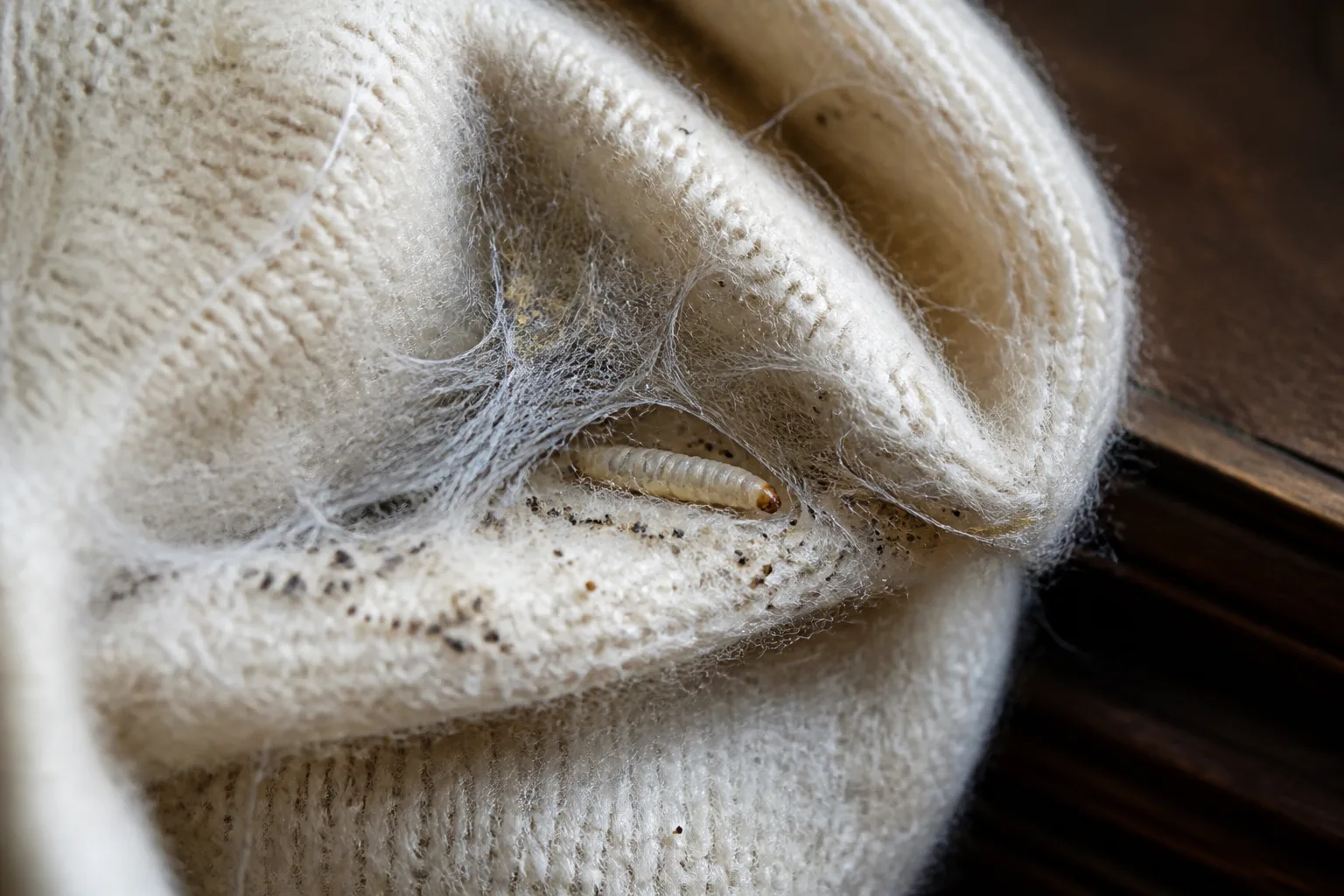 Small clothes moth resting on a wool sweater in a closet