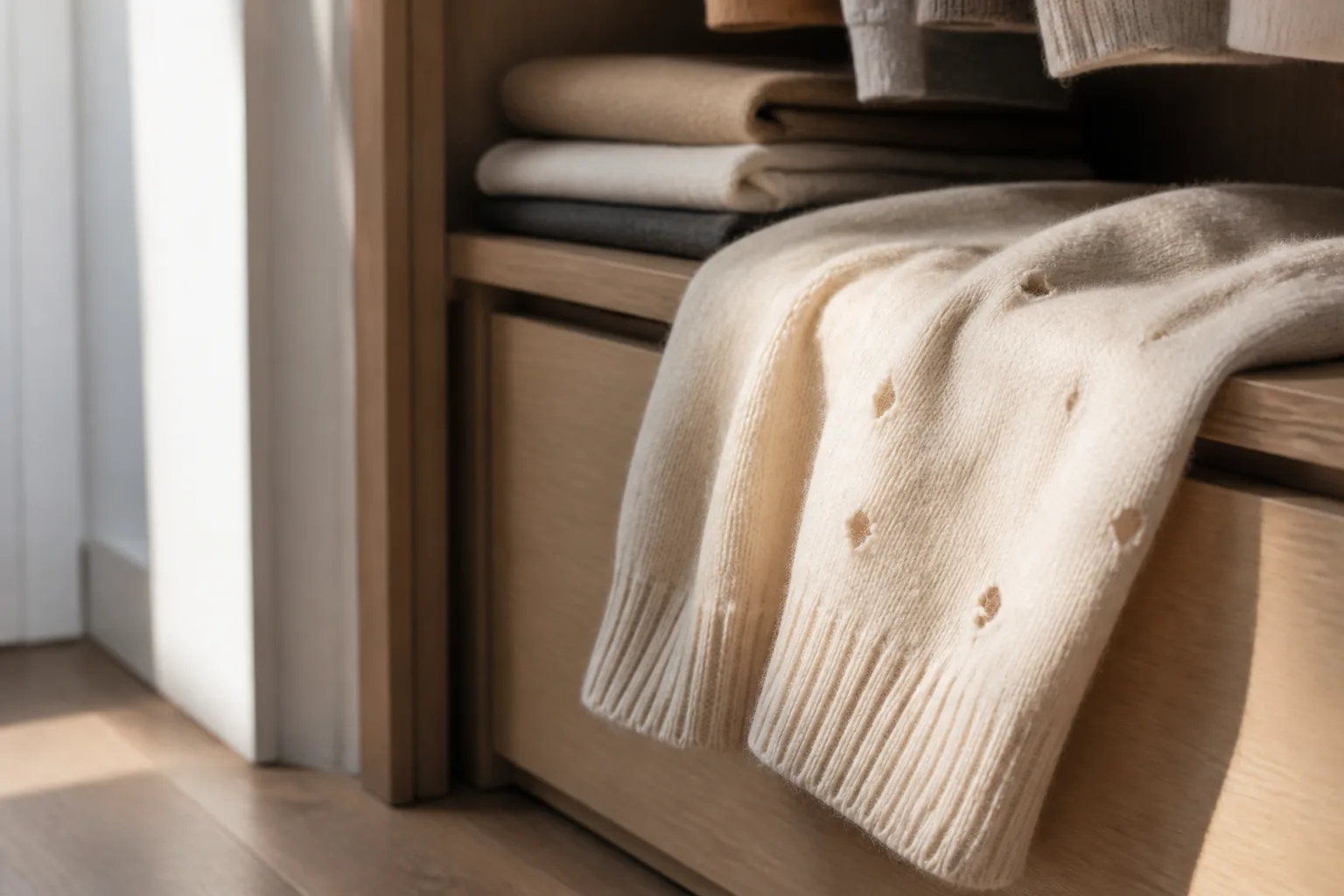 Wool sweater with small irregular holes on a wooden closet shelf
