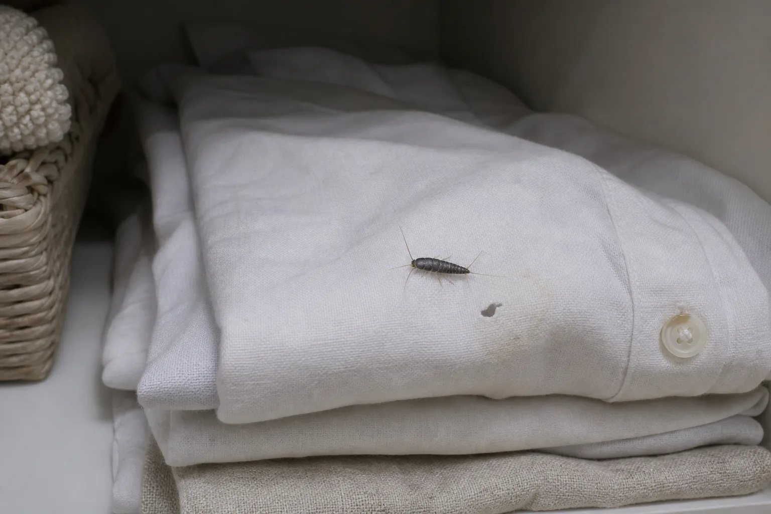 Silverfish on folded cotton and linen shirts in a linen closet
