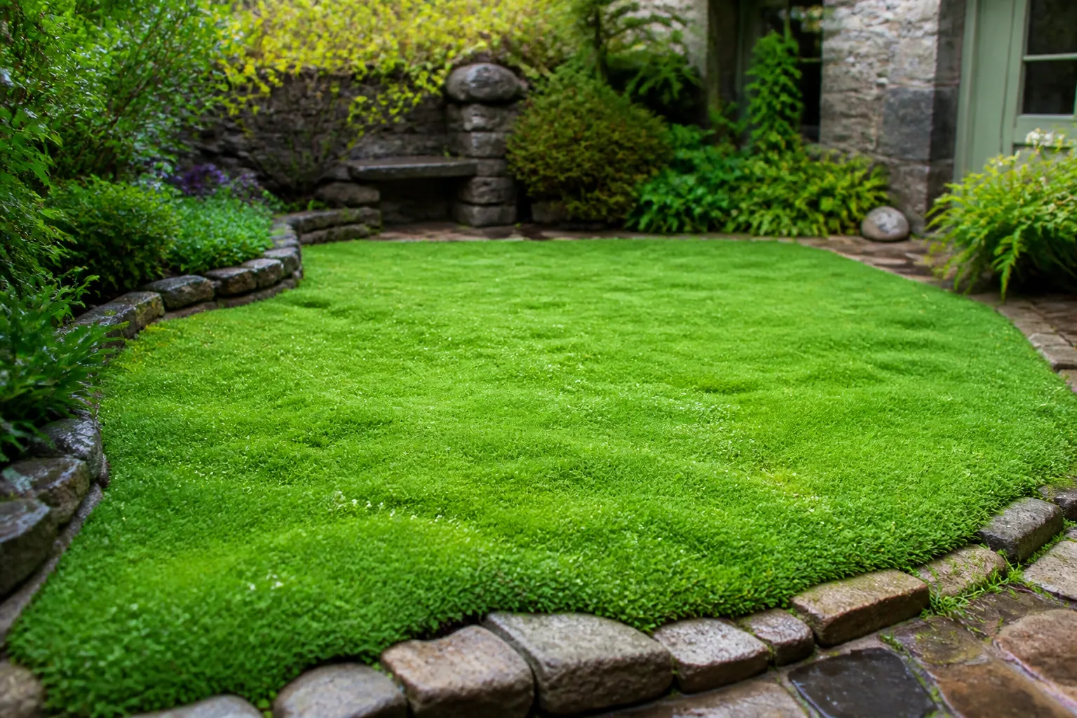 Dense emerald-green Irish moss ground cover forming a low carpet in a small spring courtyard garden