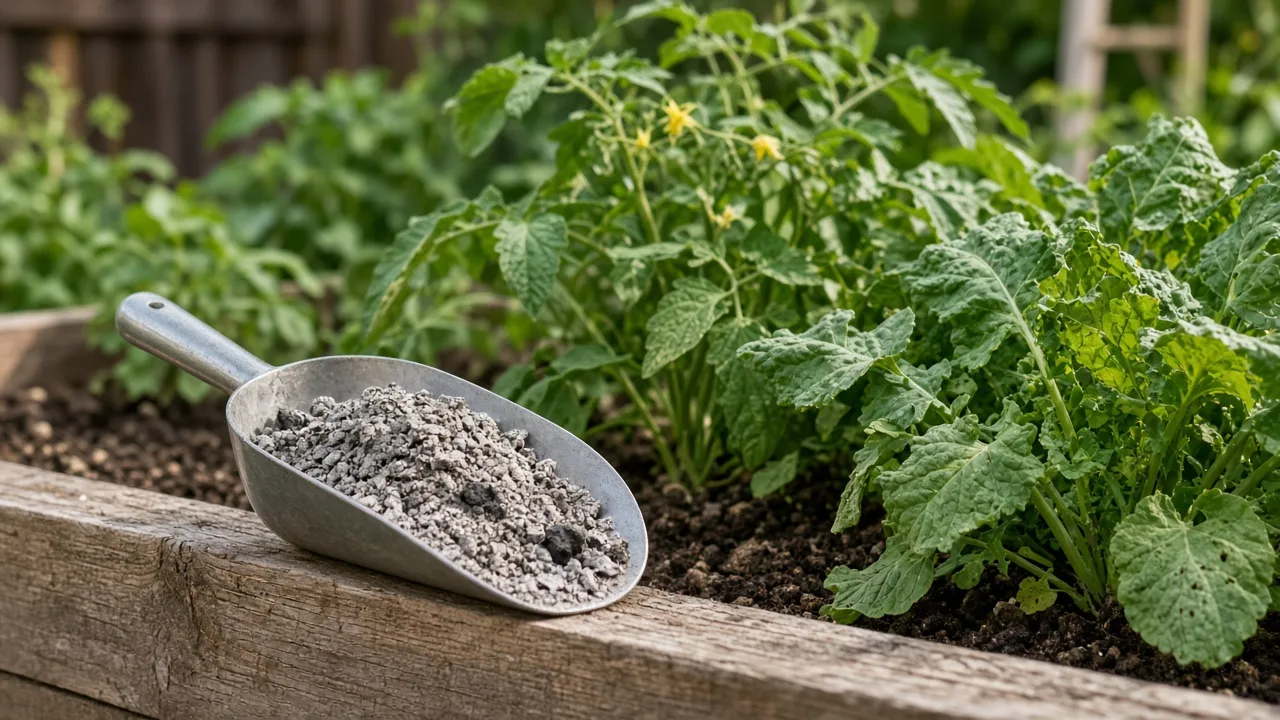 Cooled gray ash being considered for careful use in a garden bed